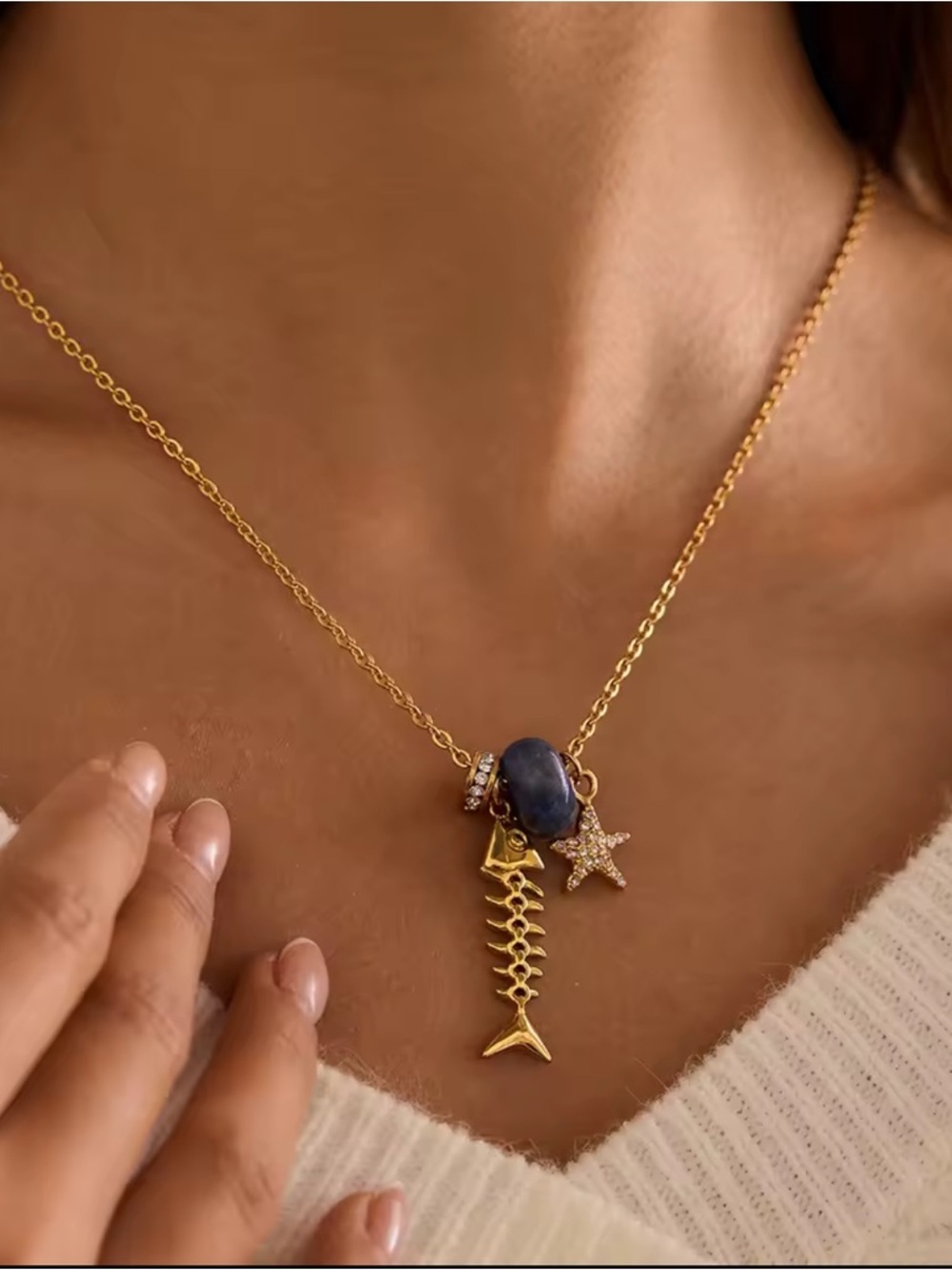 Coastal Dream Gold Fishbone Navy Stone & Star Charm Necklace - Picture 3 of 7